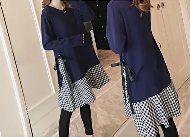 Vestido amamentação azul e xadrez