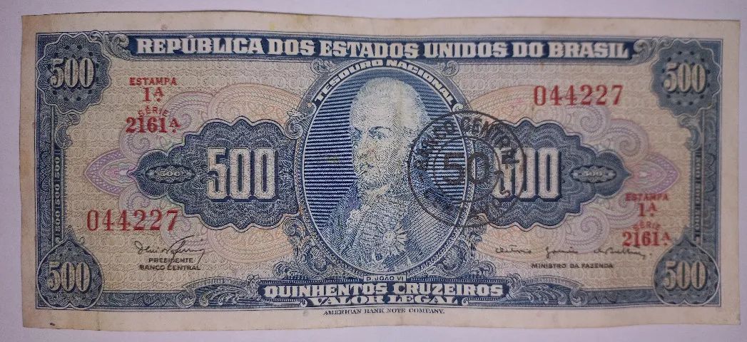Cédula do Brasil 500 Cruzeiros  com carimbo 50 centavos