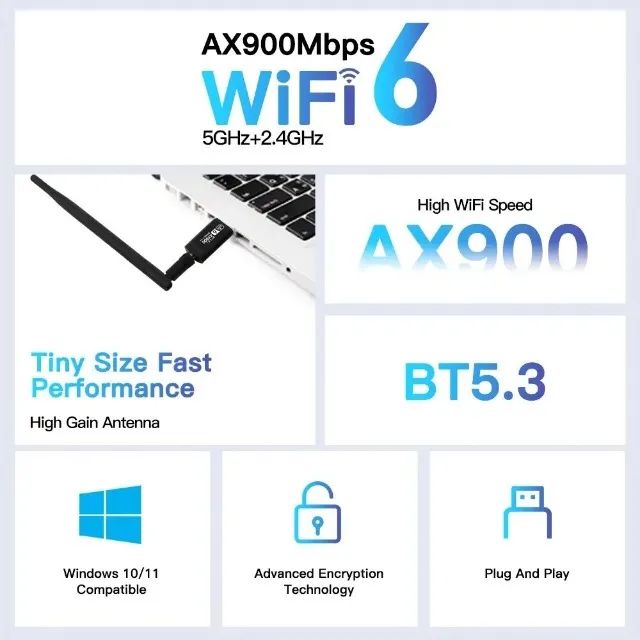 Adaptador USB WiFi 6 + Bluetooth 5.3 AX900 Dual Band - Foto 2