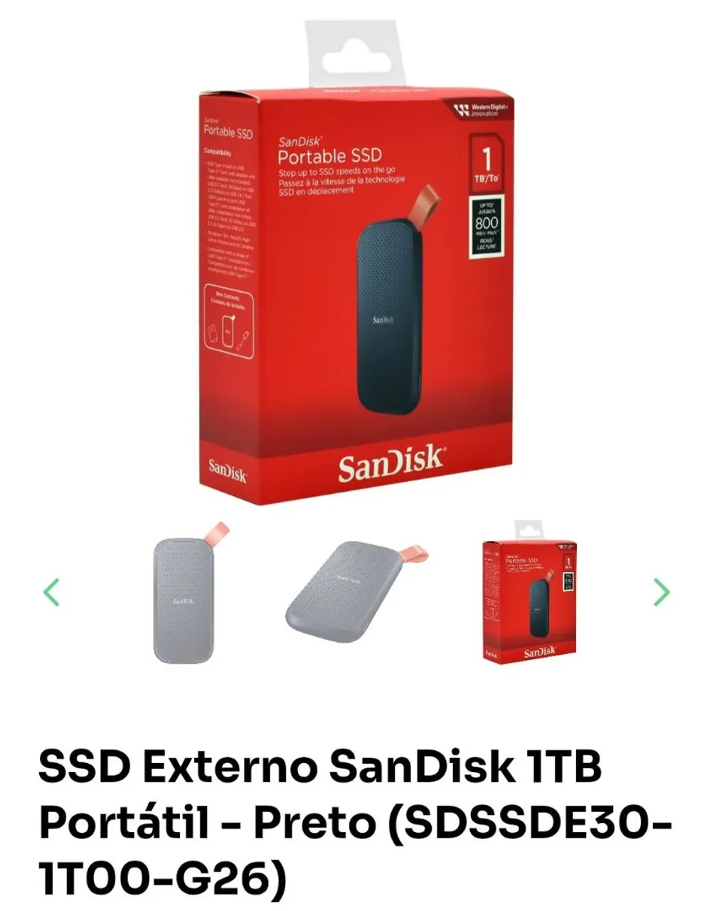 SSD Externo SanDisk 1TB Portátil - Preto