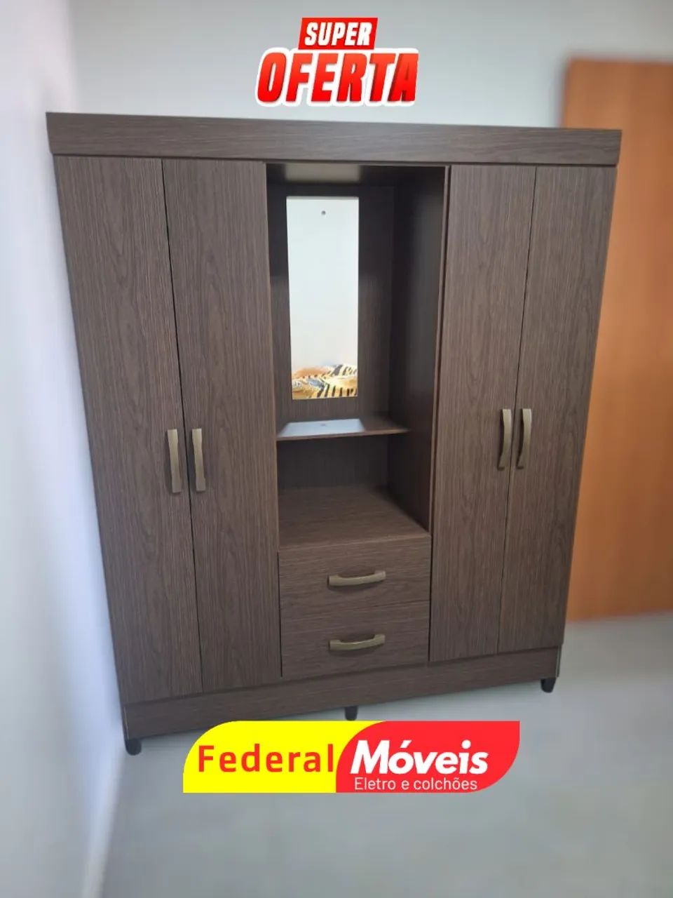Guarda Roupa com Espelho 4 Portas e 2 Gavetas - Novo! Elegante e resistente