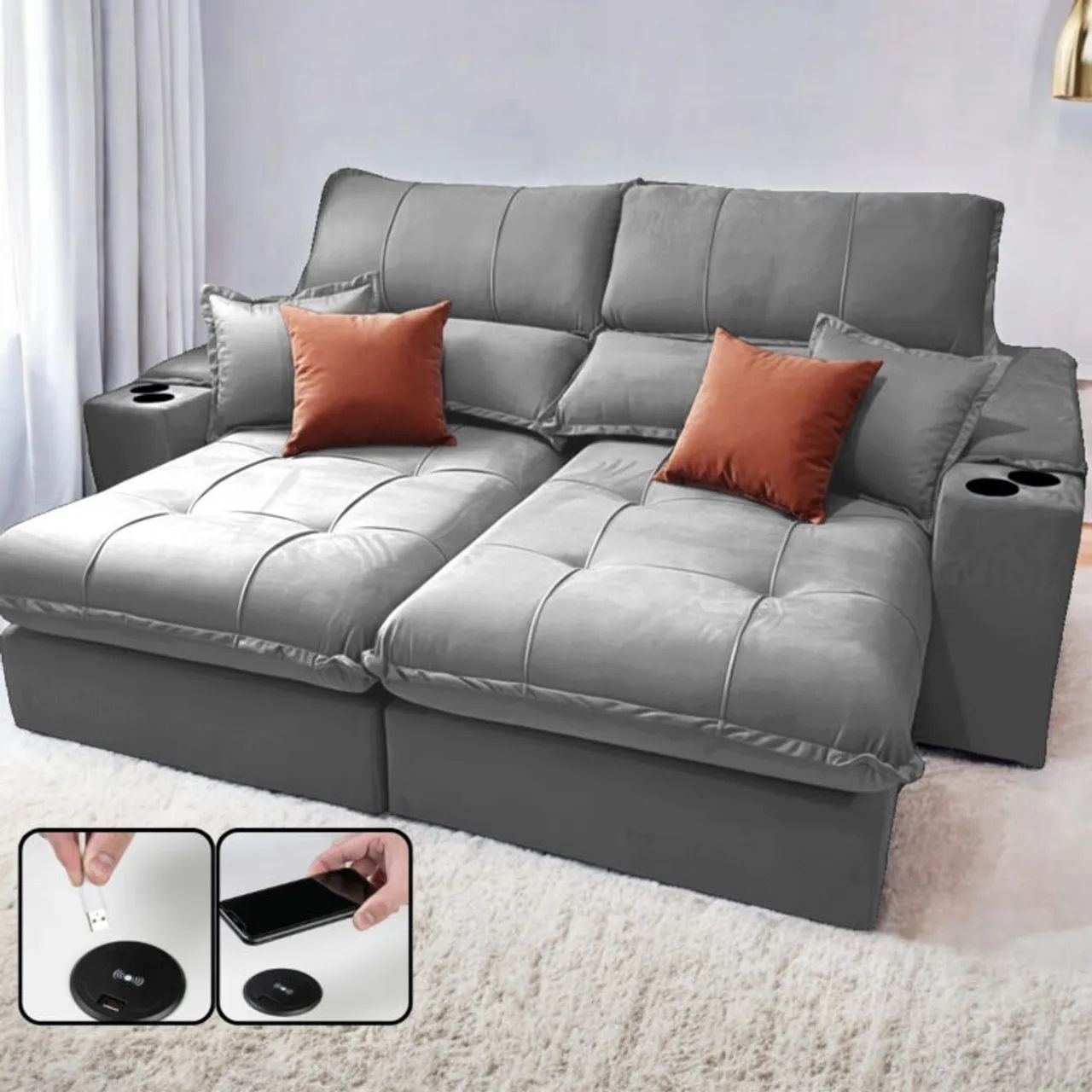 Sofá Retrátil e Reclinável Slim 2,60m C/USB e Molas Ensacadas tt43 - Foto 2