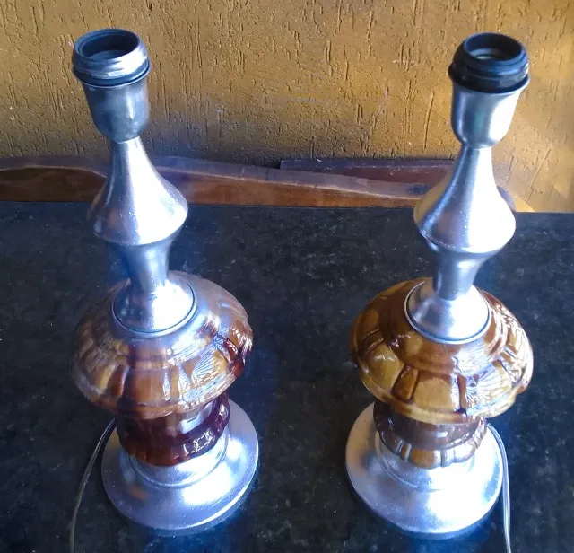 Par abajur estrutura Metal esmaltagem prateada bojo faiança vitrificada tonalidade marrom*