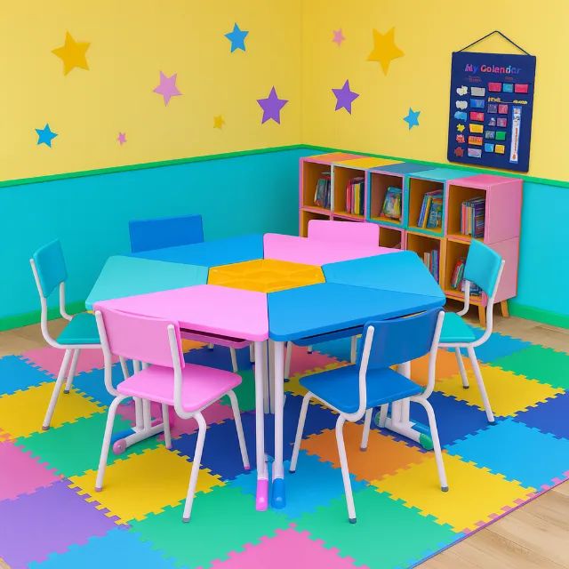 Mesa com Cadeiras Hexagonal Infantil 2 a 6 Anos Realplast Resistente Modelo 41006 - Foto 2
