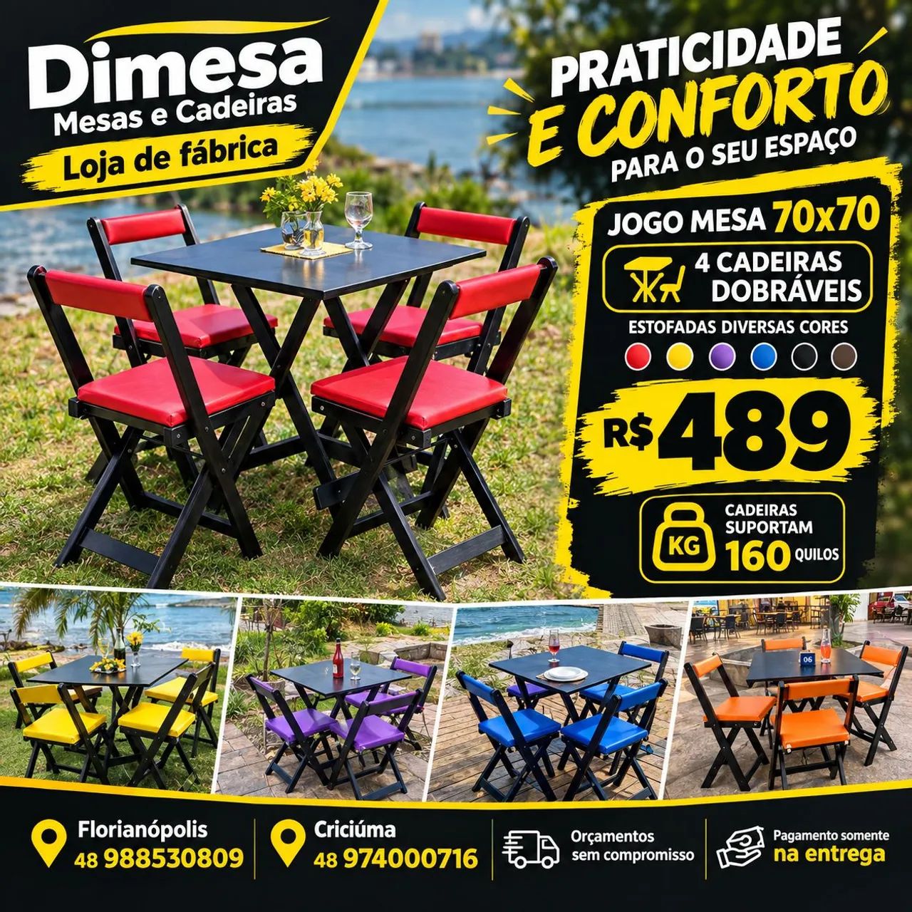 MESA 70x70 + 4 CADEIRAS DOBRÁVEIS ESTOFADAS ? R$489