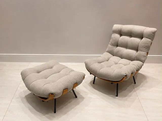 Kit Poltrona Com Puff Costela Algodão Slim Cor Cinza-claro ABRA CASA