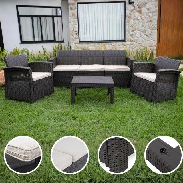 Conjunto de Sofá Jardim Rattan 5 Lugares SyberFlex Confort com Mesa e Almofadas - Foto 5