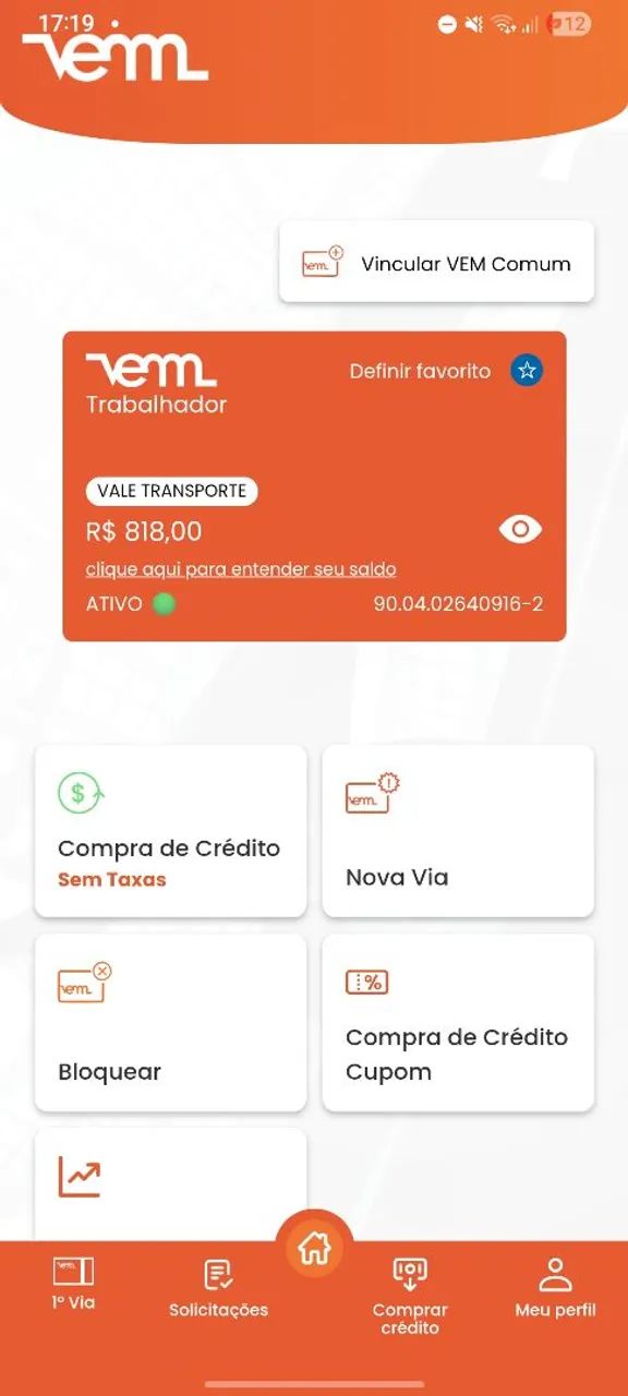 VENDO CARTÃO DO VEM C VALOR 818,00