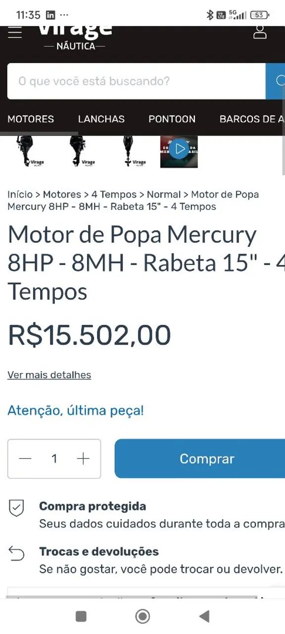 MOTOR DE POPA MERCURY 8 HP 4 TEMPOS  - Foto 3