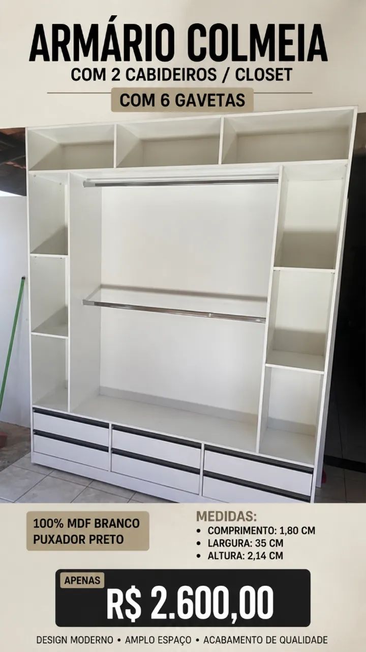 Closet Aberto MDF Branco com 6 Gavetas e Cabideiros - 1,80m