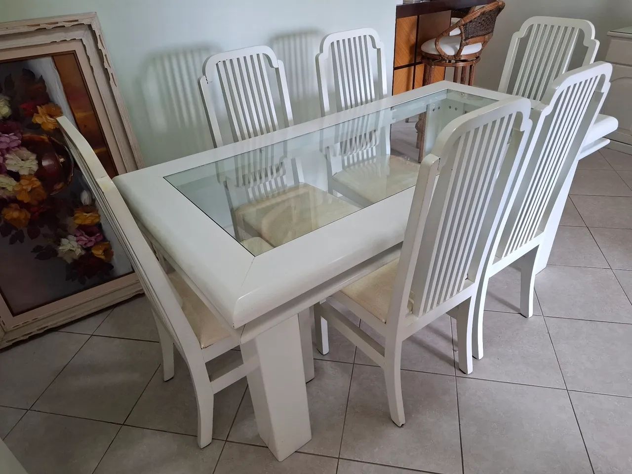 Mesa de jantar branca madeira solida 6 cadeiras65579521410179123