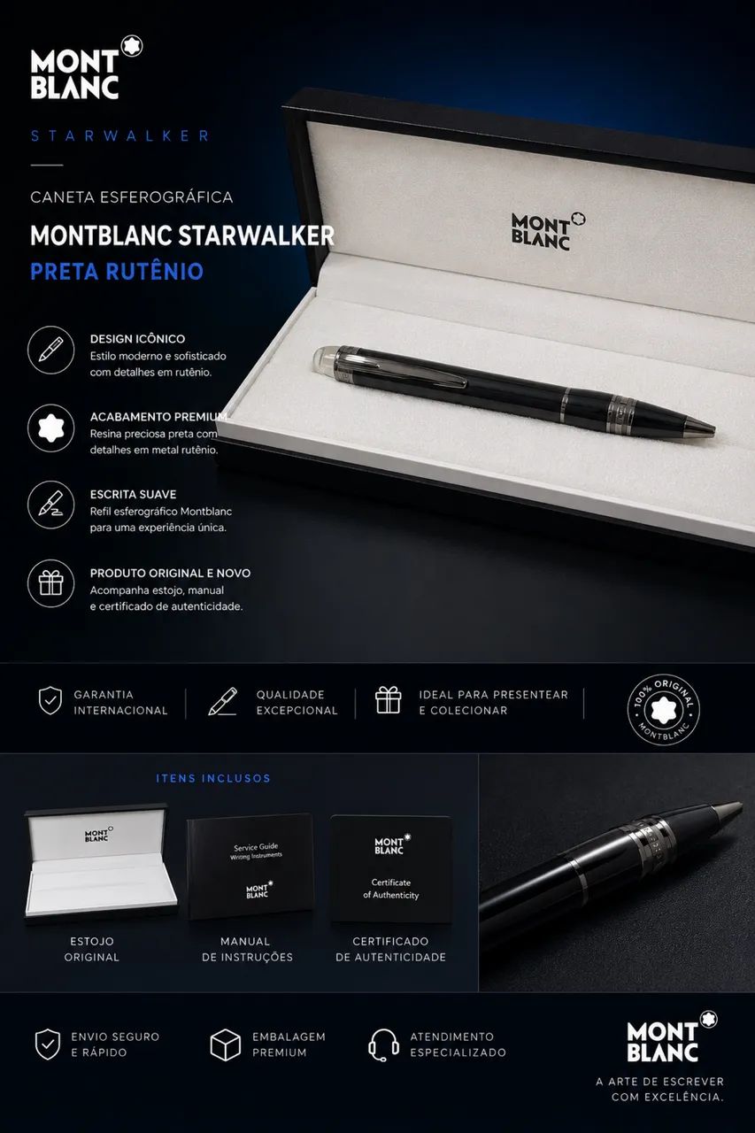 Caneta Esferográfica Montblanc Starwalker Preta Rutênio!