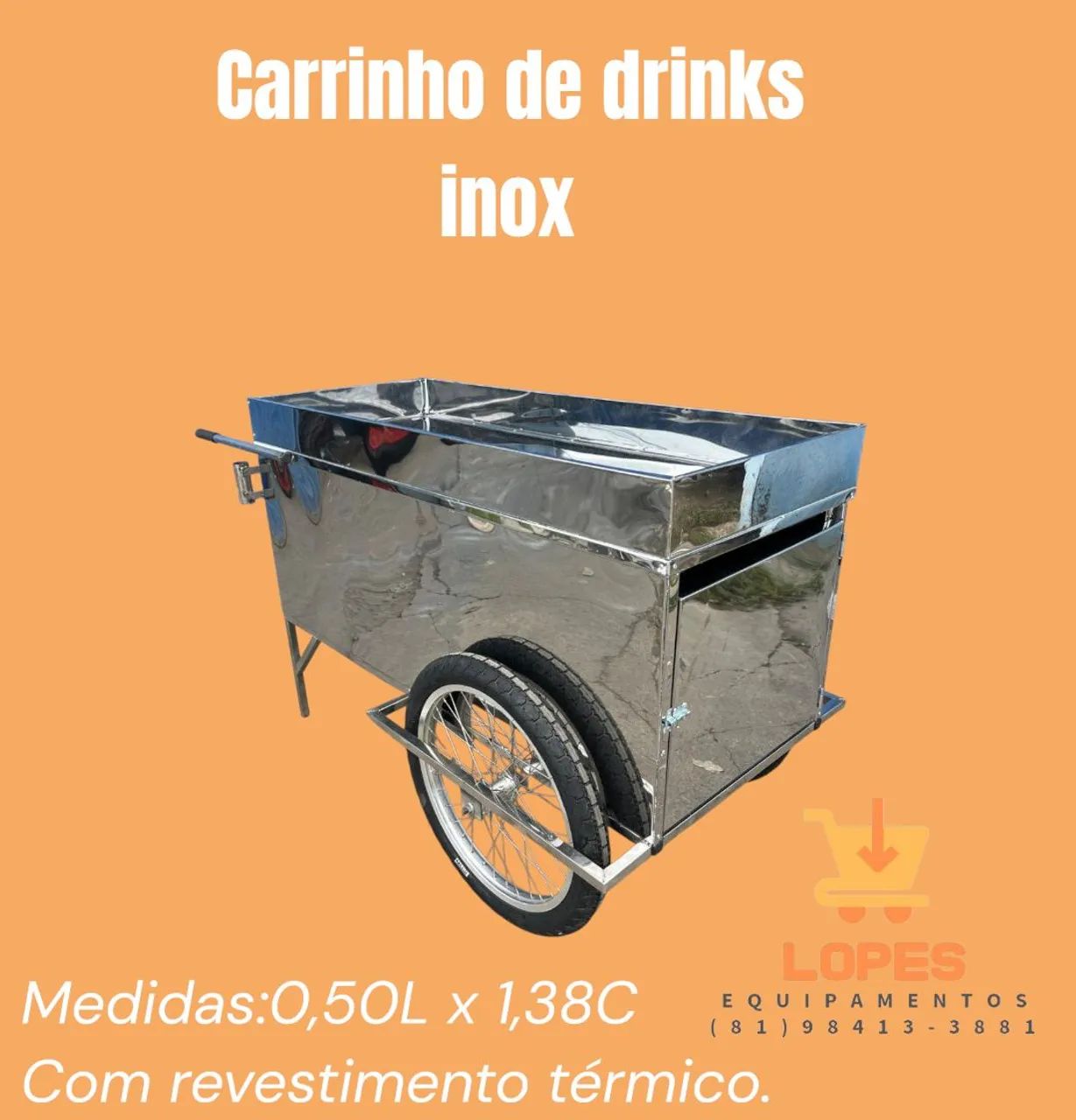 Carrinho de drinks térmico em inox e em formato de tonel em até 10x sem juros 