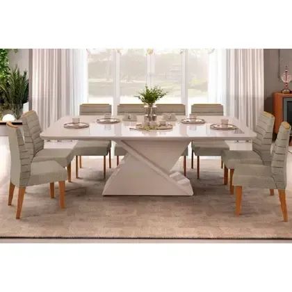 Mesa de Jantar com Tampo de Vidro e 8 Cadeiras Estofadas