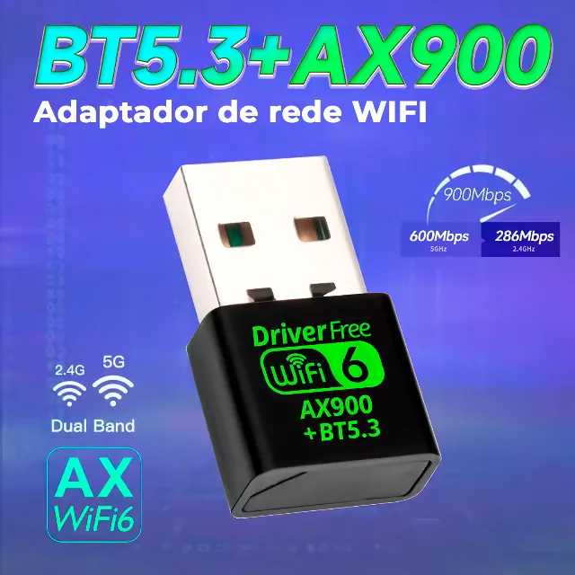 Adaptador Sem Fio Wireless Wifi 6 AX900 Dual Band 2.4G 5G + Bluetooth 5.3 para PC Notebook