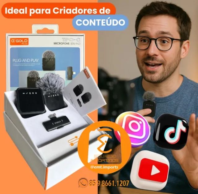 Microfone Lapela 2 Para 1 Sem Fio Tipo C A'gold MCF-19 - Foto 6
