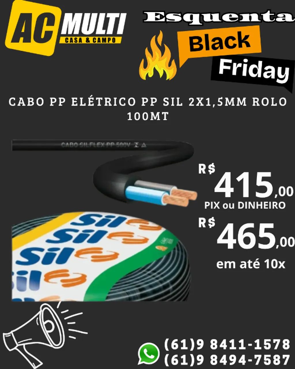 CABO PP Elétrico Pp Sil 2x1,5mm Rolo 100mt