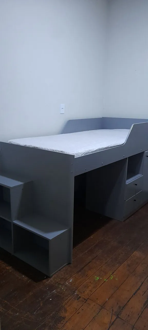 Cama solteiro Multifuncional Cinza com armário, mesa e Gavetas