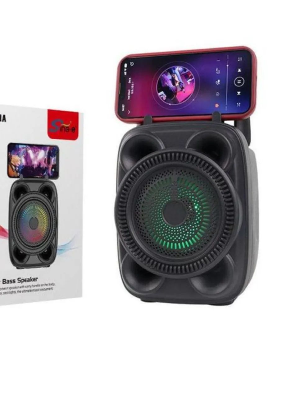 Caixinha de som Bluetooth com suporte para celular 