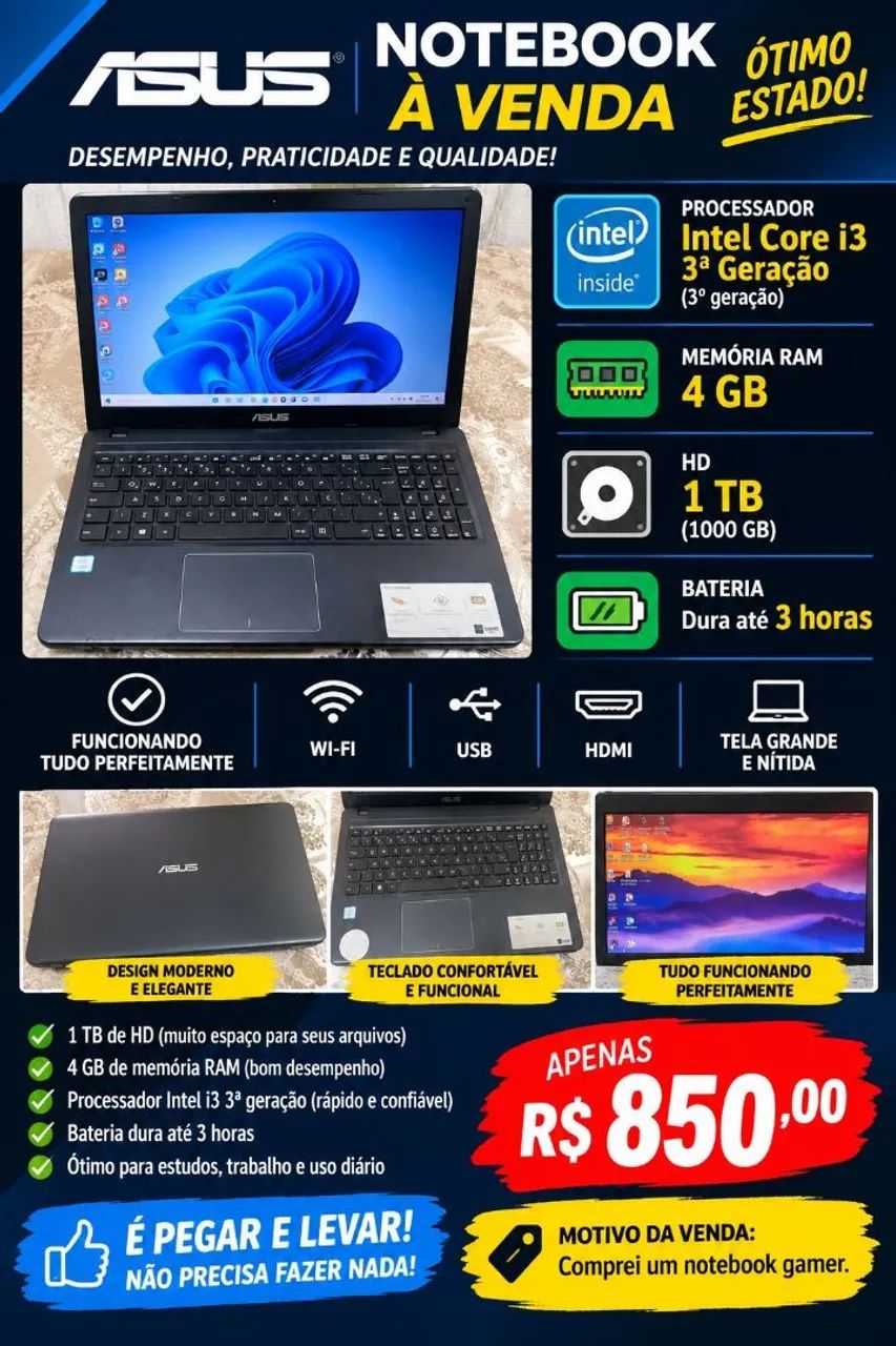 Vende-se Notebook ASUS funcionando perfeitamente 