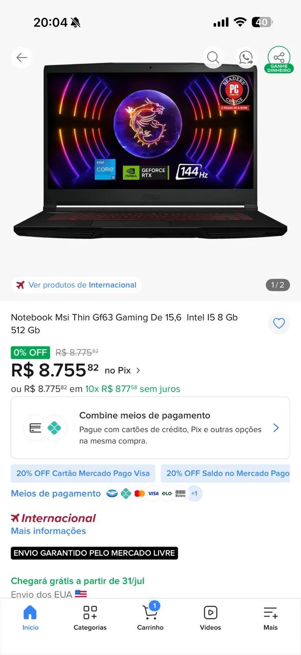 Notebook Msi Thin Gf63 Gaming De 15,6 Intel 15 8 Gb 1TB