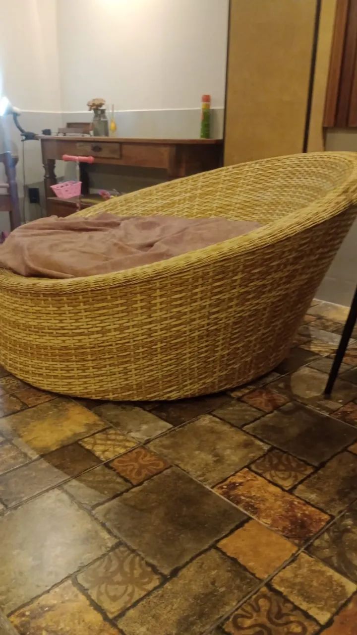 Poltrona Chaise de Fibra Junco Sintético Área Externa Bege Claro