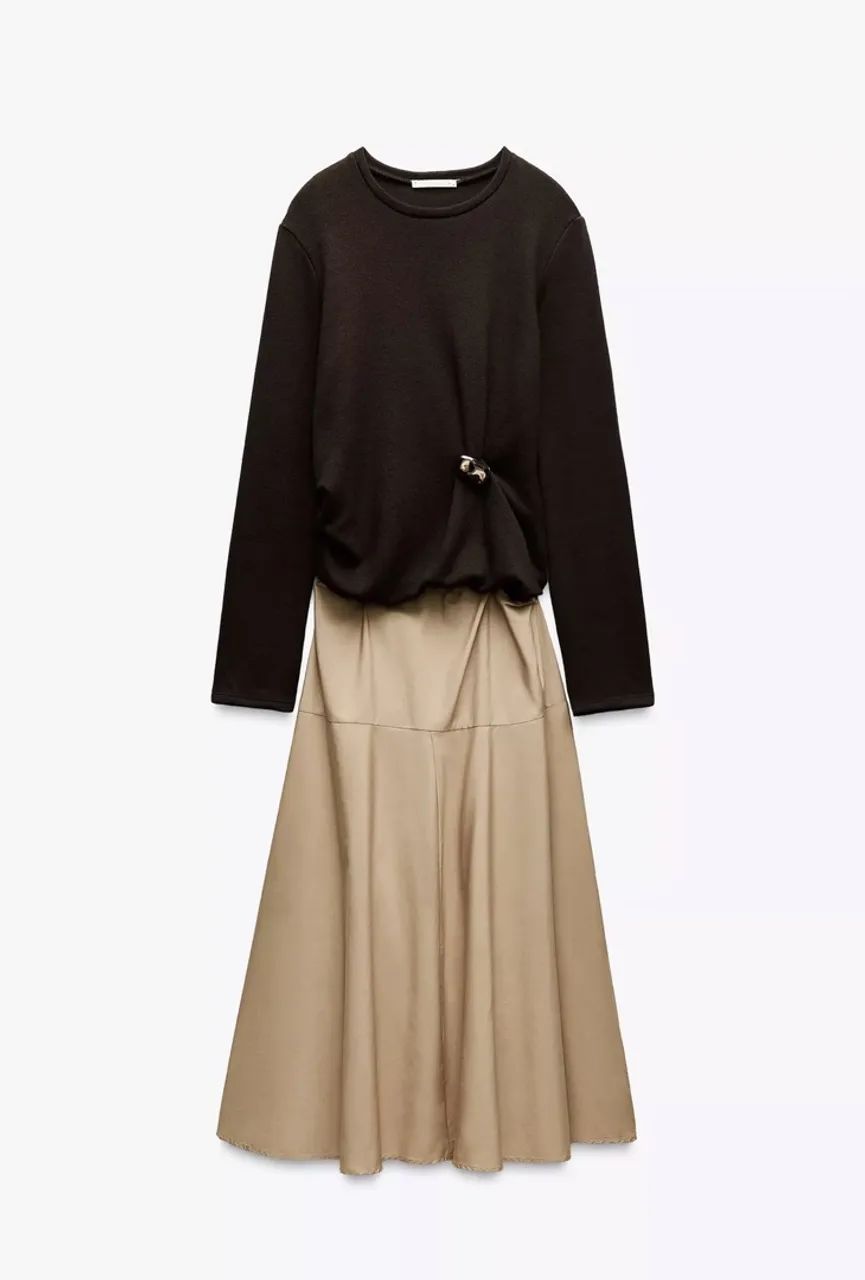 Vestido Combinado Com Broche