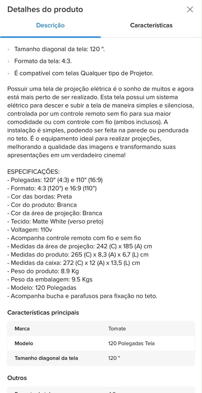 TELA DE PROJEÇÃO 120 polegadas 4:3 com controle remoto elétrico. Marca tomate 127 V