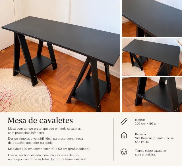 Escrivaninha preta com cavaletes