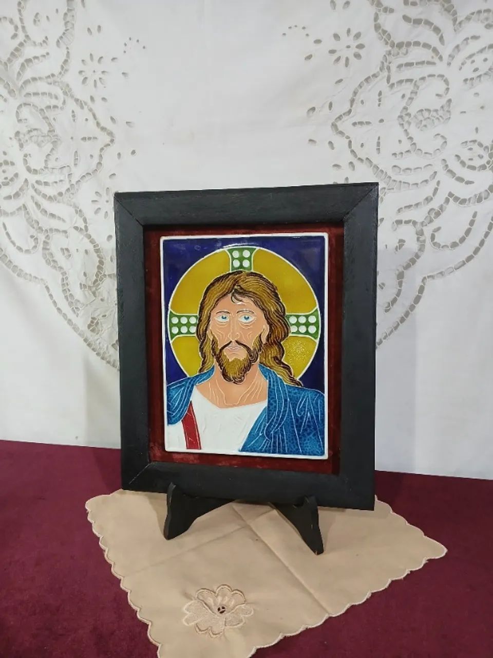 Antiga Quadro Com Placa Jesus Cerâmica Esmalta - Foto 3