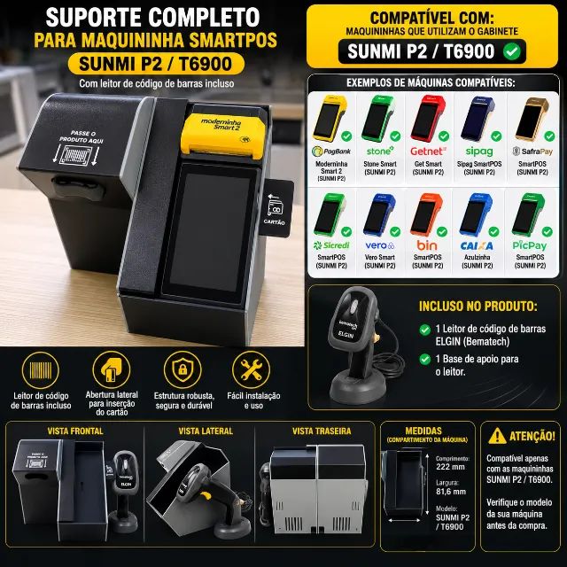 Suporte PDV Mini Mercado Autônomo + Leitor Elgin | SUNMI P2 SmartPOS