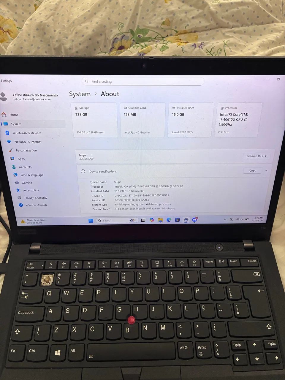 Notebook Lenovo 16gb I7 Vpro