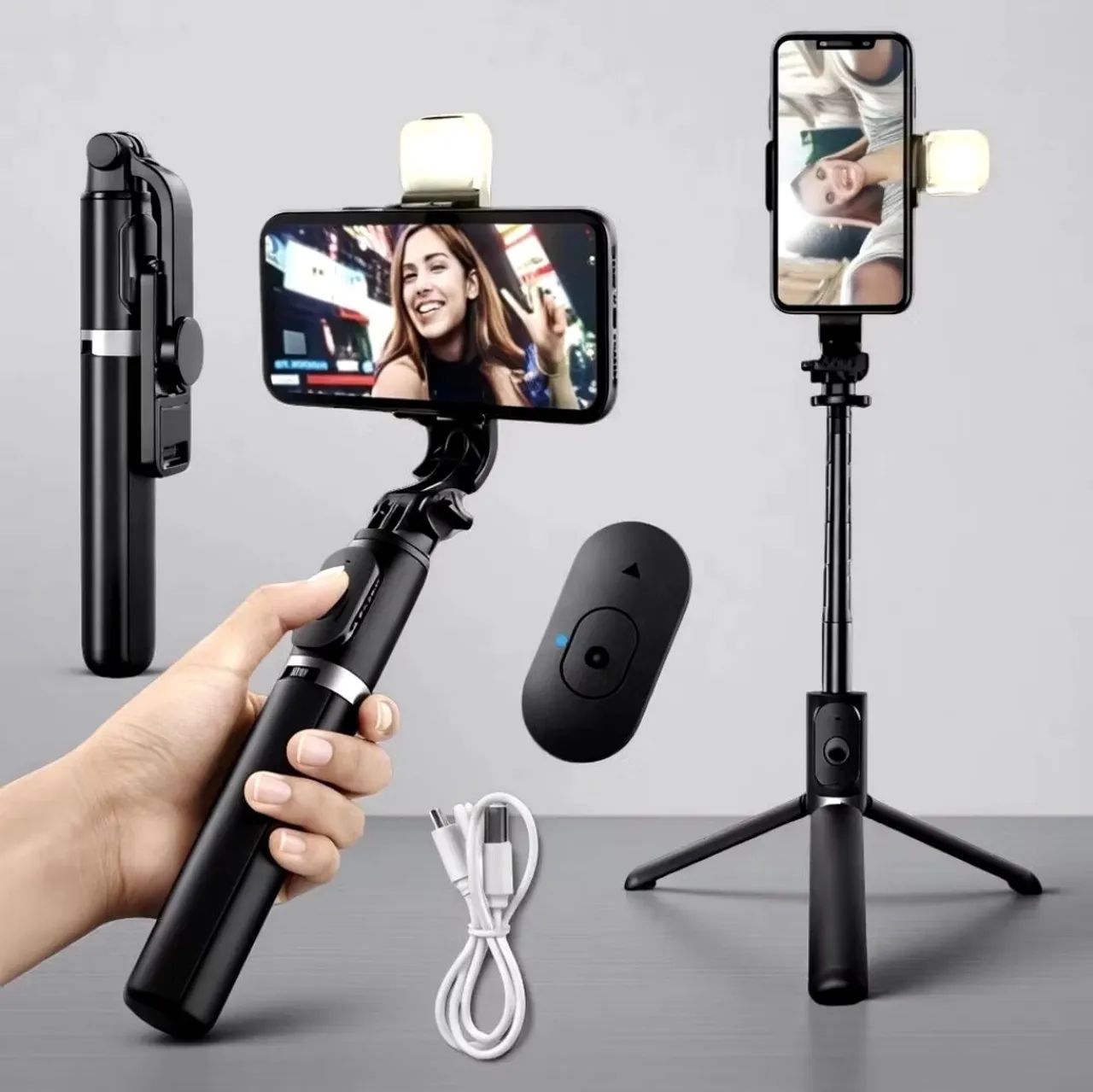 Bastão tripé com LED e controle Bluetooth