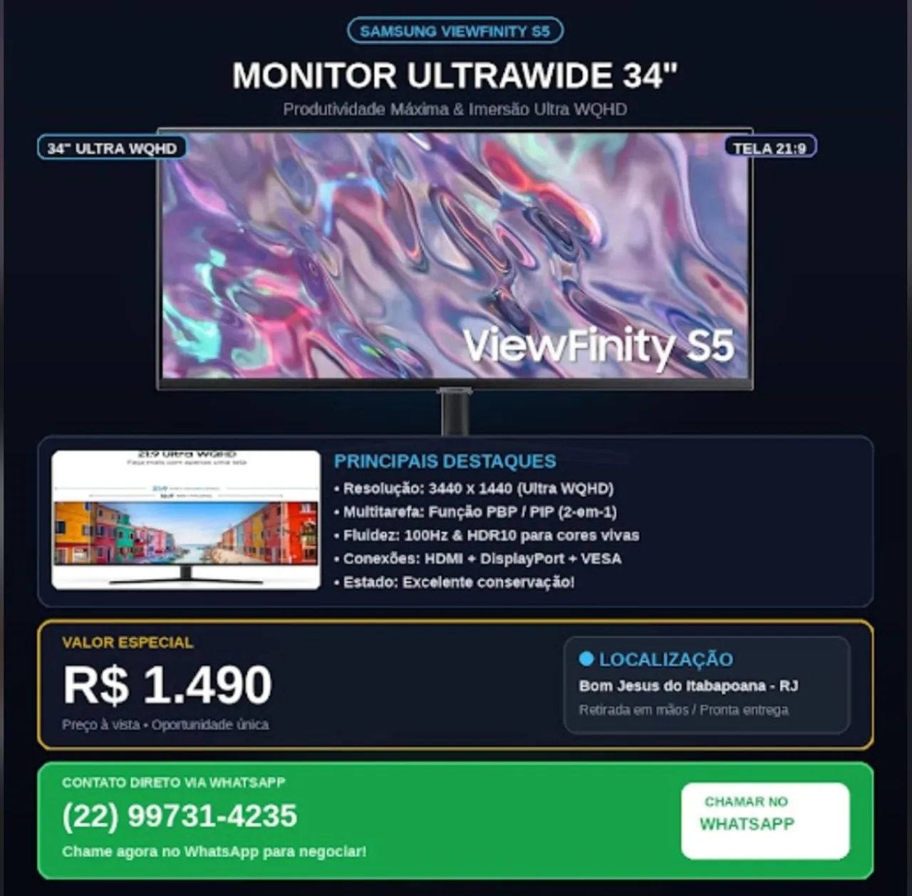Monitor ultrawide Samsung ViewFinity S5 34 polegadas 