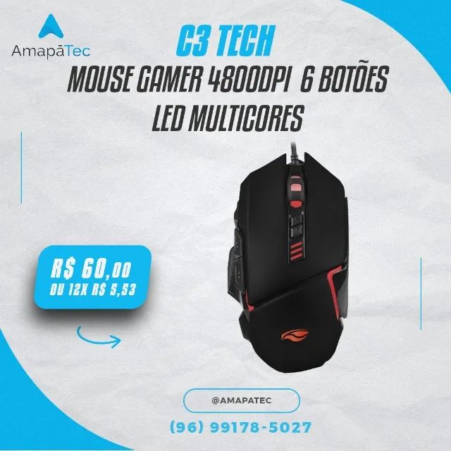 Mouse Gamer C3tech Mg-130bk LED Multicores 4800DPI 6 Botões
