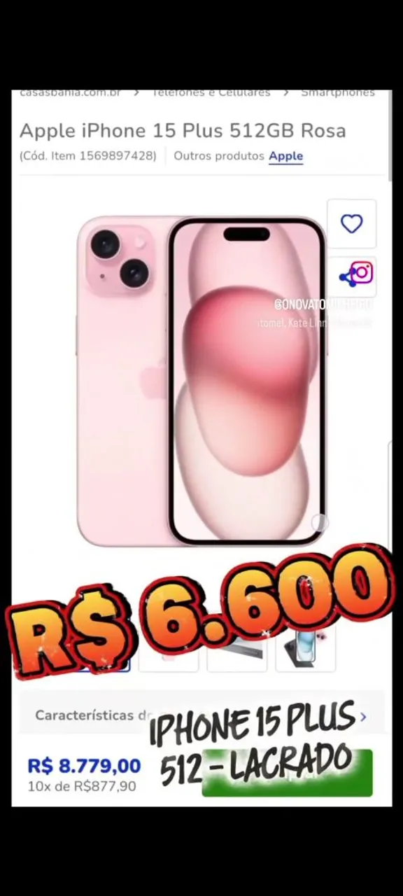 iPhone 15 Plus 512GB Rosa - Lacrado