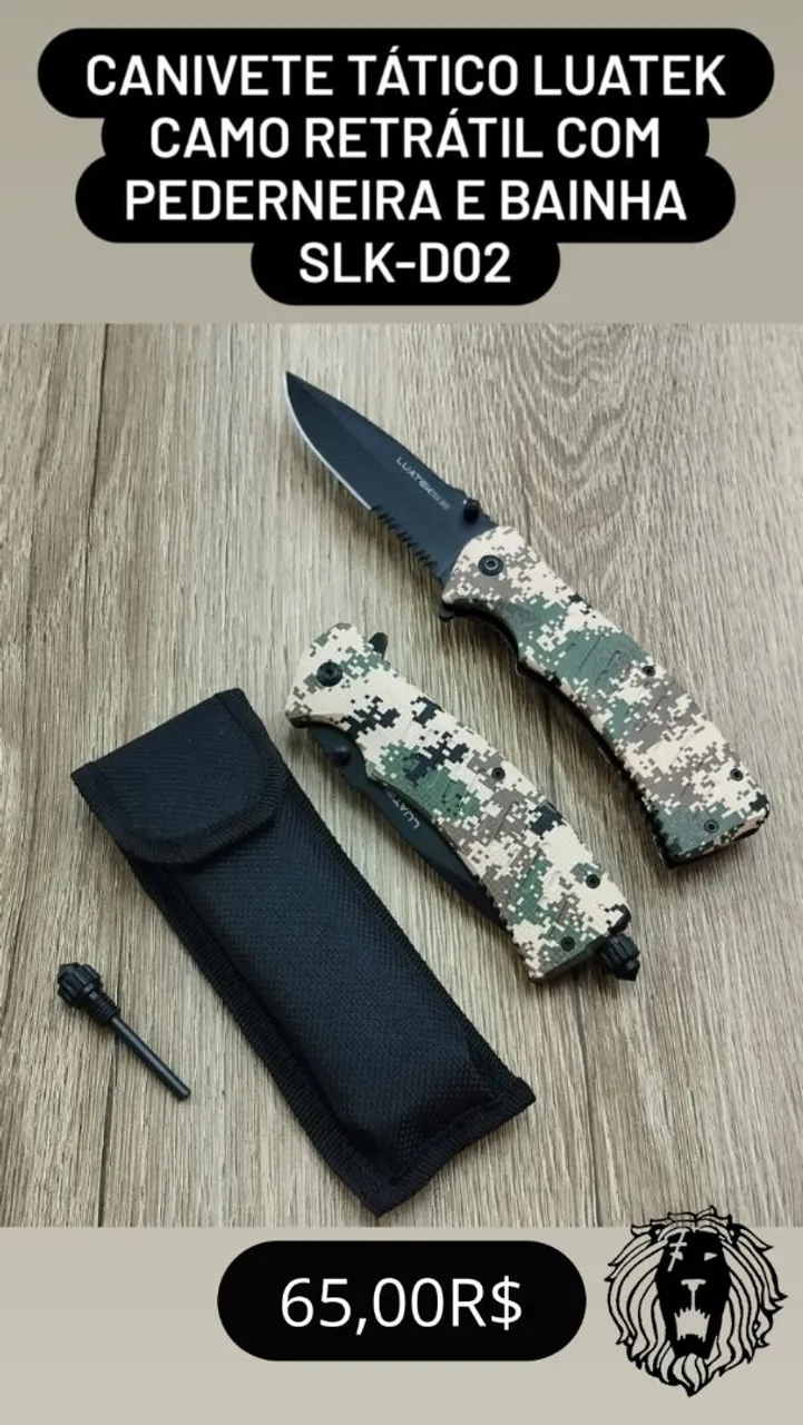 Canivete Tático Luatek Camo Retrátil com Pedernia e Bainha - SLK-D02