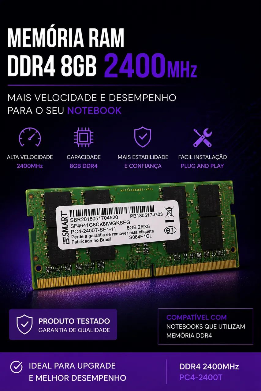 Memória Notebook DDR4 8GB 2400MHz SMART PC4-2400T