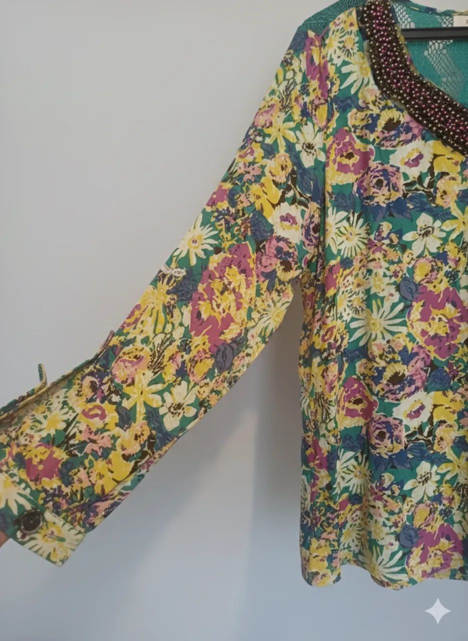 Blusa Floral Feminina Estampada Miçangas E Renda Boho Chic - Foto 3