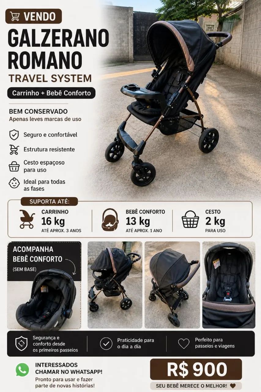 Galzerano Romano Travel System Carrinho + Bebê Conforto
