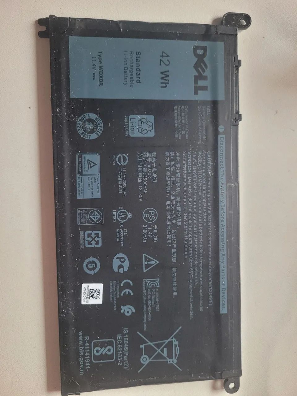 Bateria notebook WDX0R da Dell, com capacidade de 42Wh (11,4V, 3500mAh original 