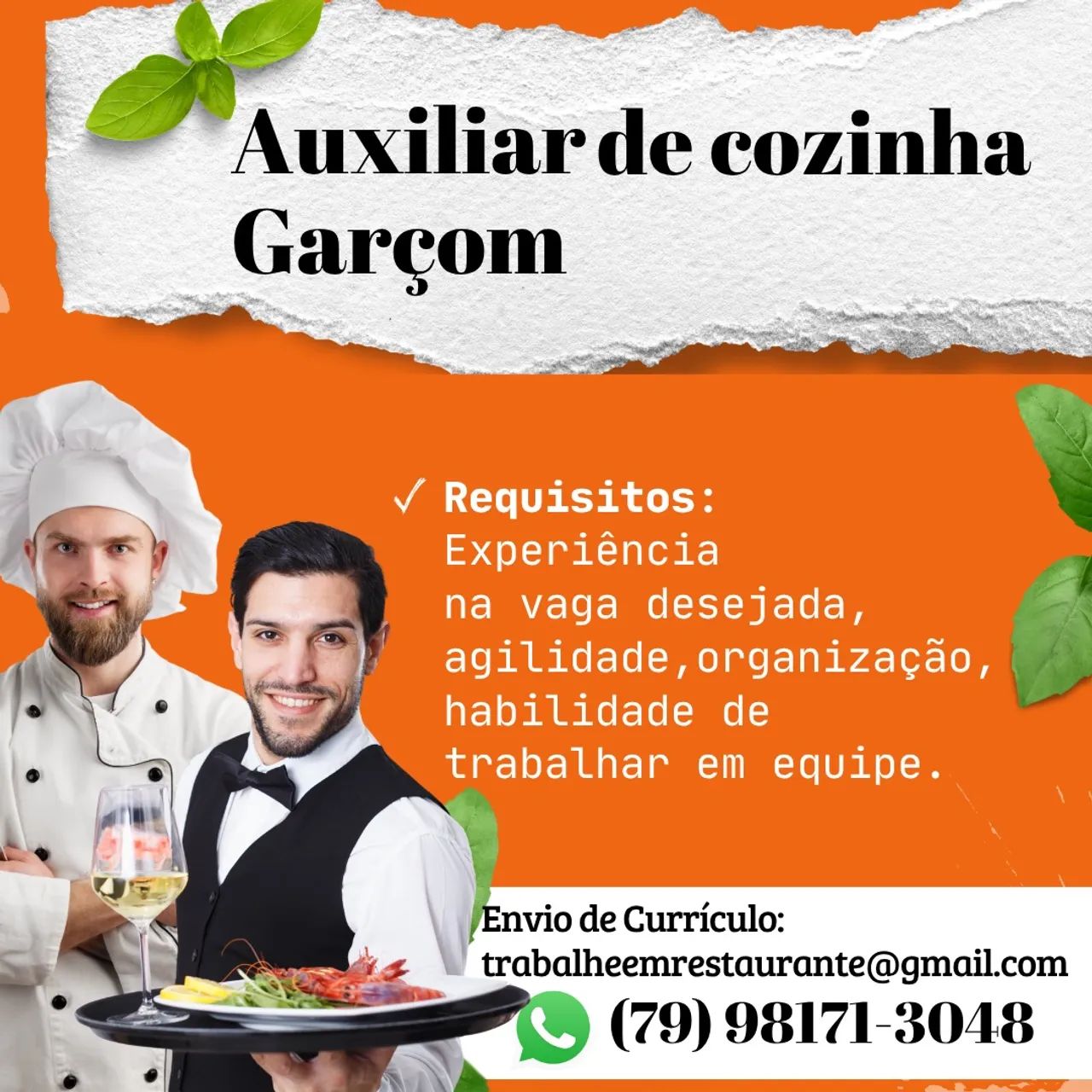 Vaga Garçom e auxiliar de cozinha