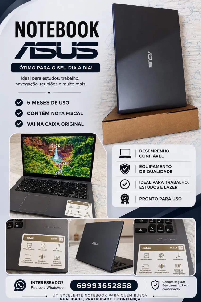 Notebook leve, moderno e muito rápido. Ideal para estudos, trabalho e dia a dia.