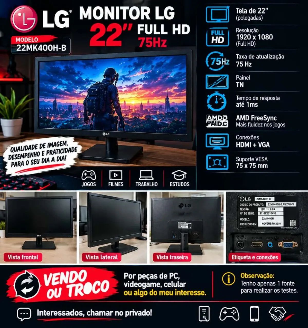 Monitores LG 22 polegadas 75hz 