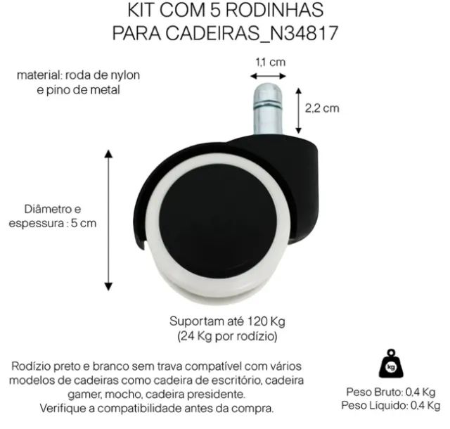 Kit 5 Rodízios para Cadeira de Escritório Nylon