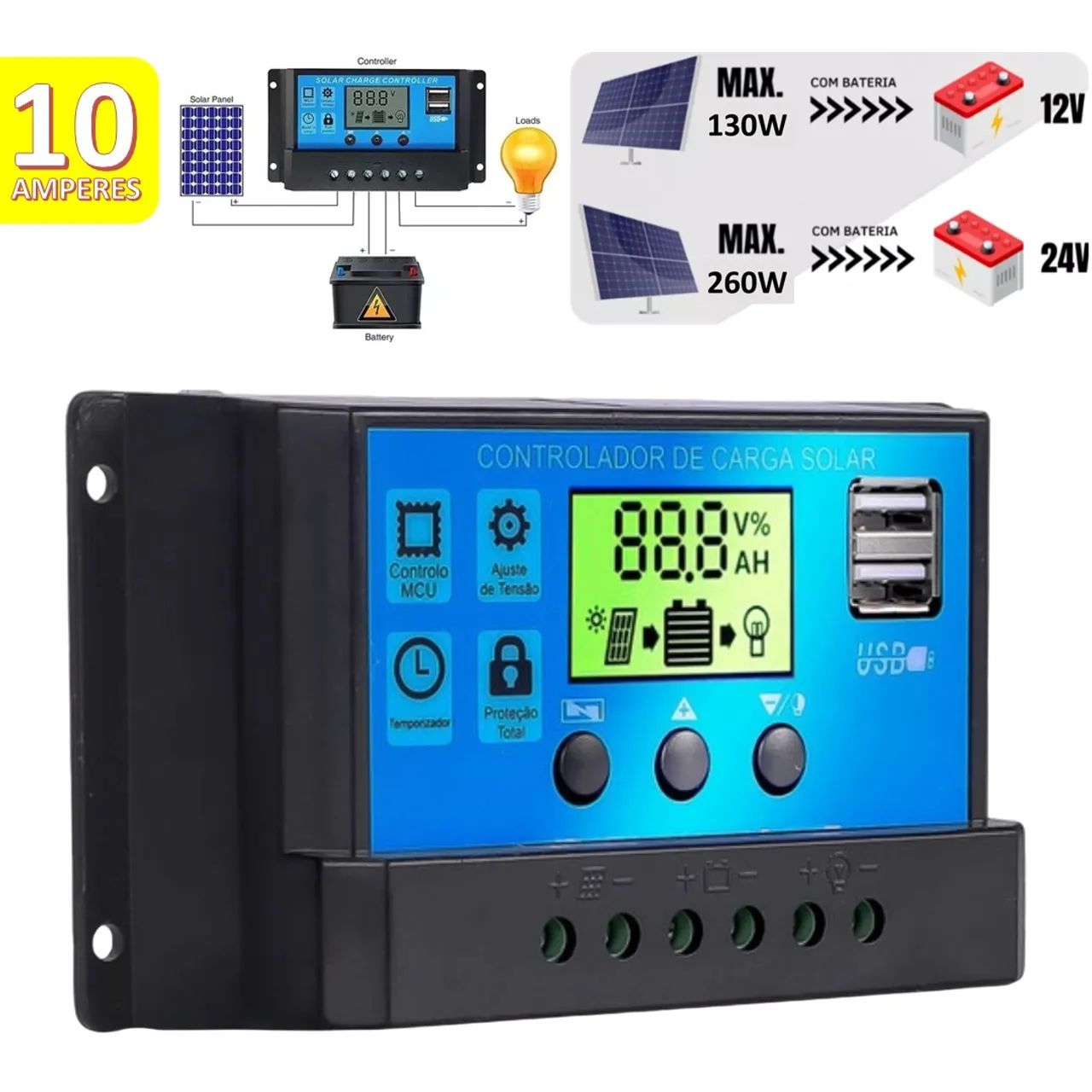 Controlador de Carga de Painel Solar LCD 10A/12V/24V PWM com 2 Portas USB 
