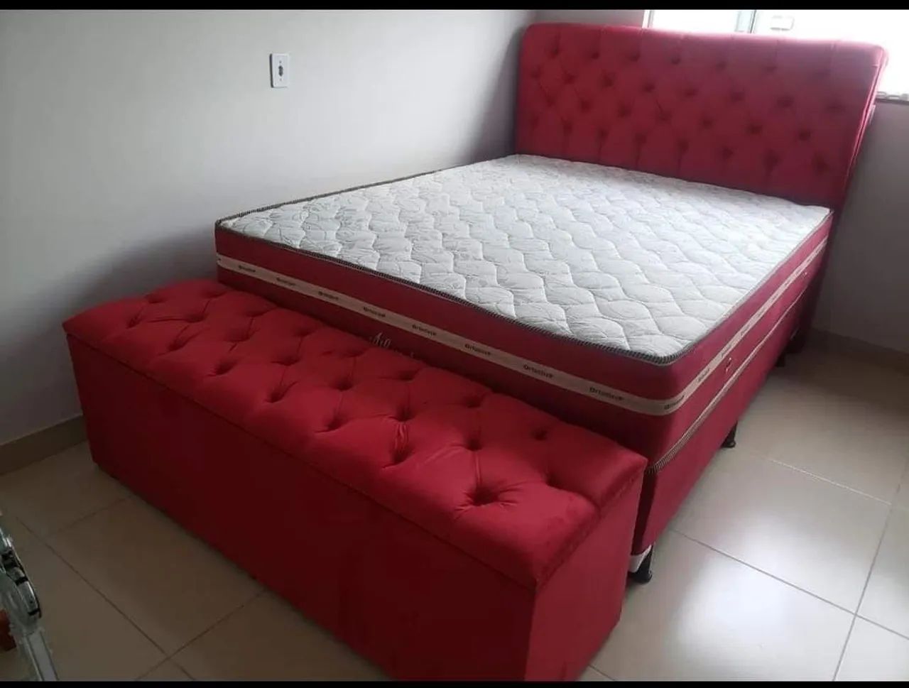 Cama box casal com cabeceira com baú e várias cores