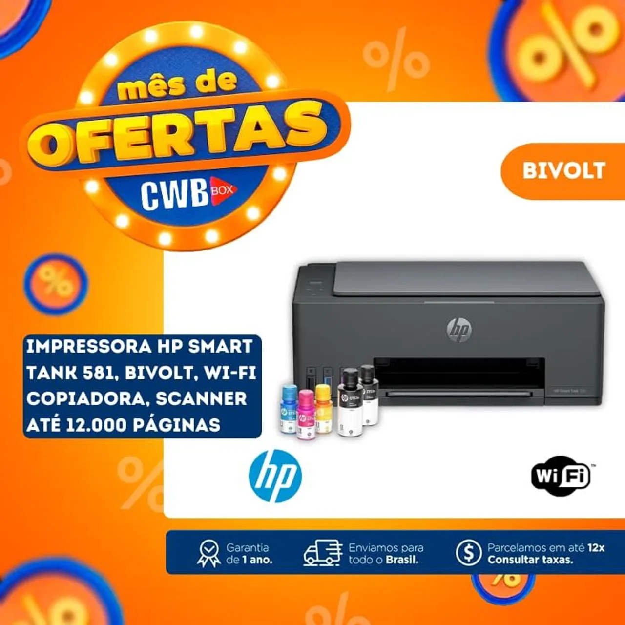Impressora HP Smart Tank 581 Bivolt Wi-Fi com Até 12.000 Páginas