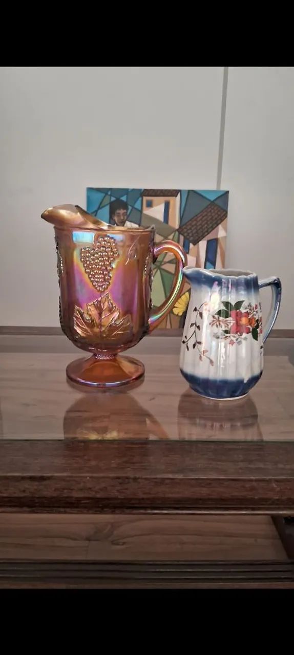 Raro Jarro de vidro iridescência âmbar Carnaval colheita padrão uva