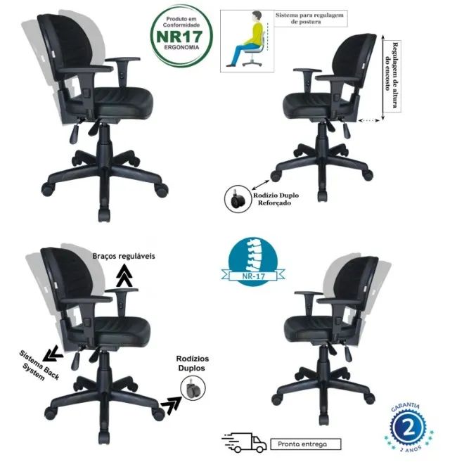 Cadeira Executiva Back System Costurada Braços Reguláveis Preta Conforto 31008 - Foto 2
